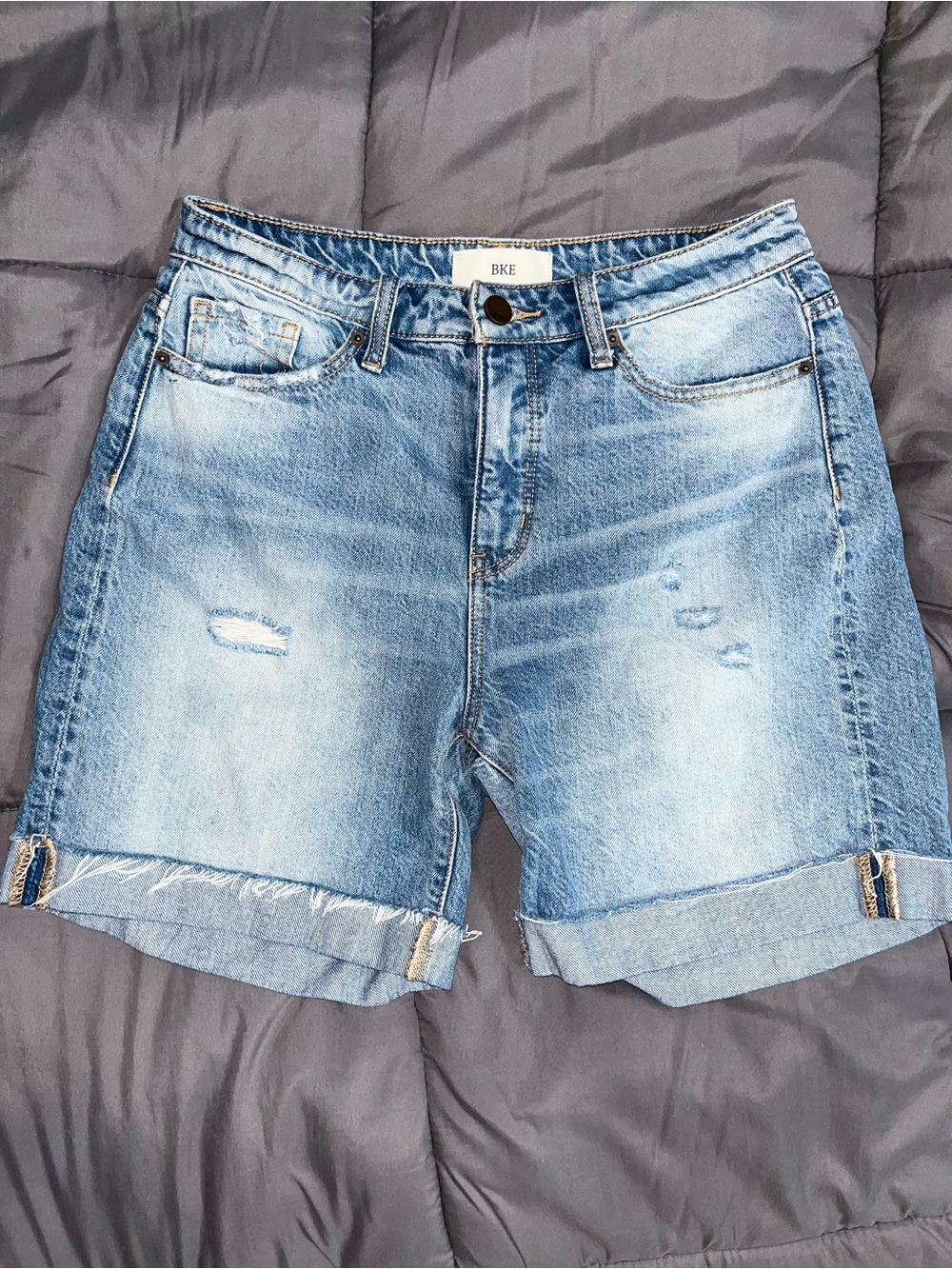 BKE Light Wash Distressed Cuffed Denim Shorts - Blue